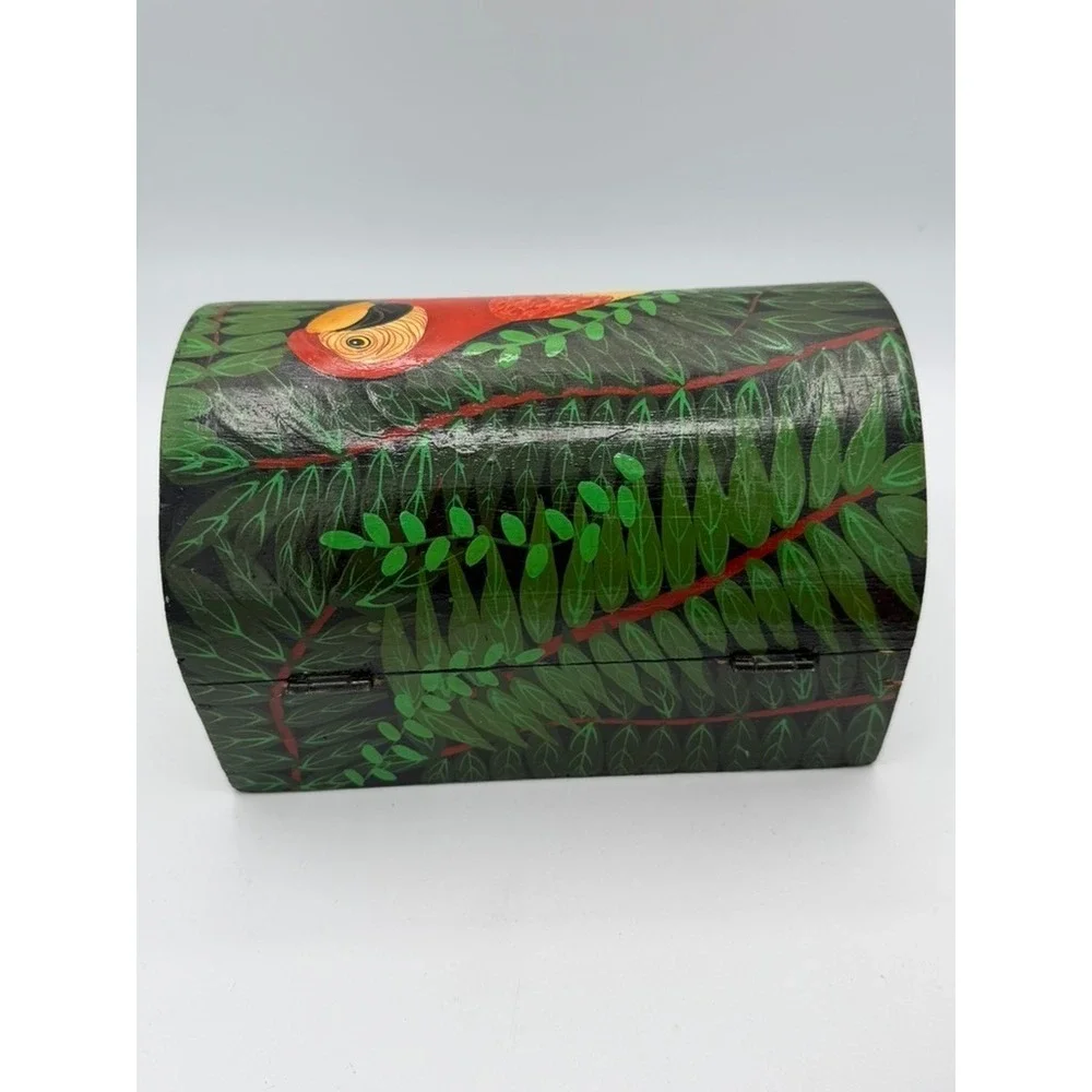 Hand Painted Wooden Jewelry Box Parrot Tropical Bird Hinged Lid Folk Art READ